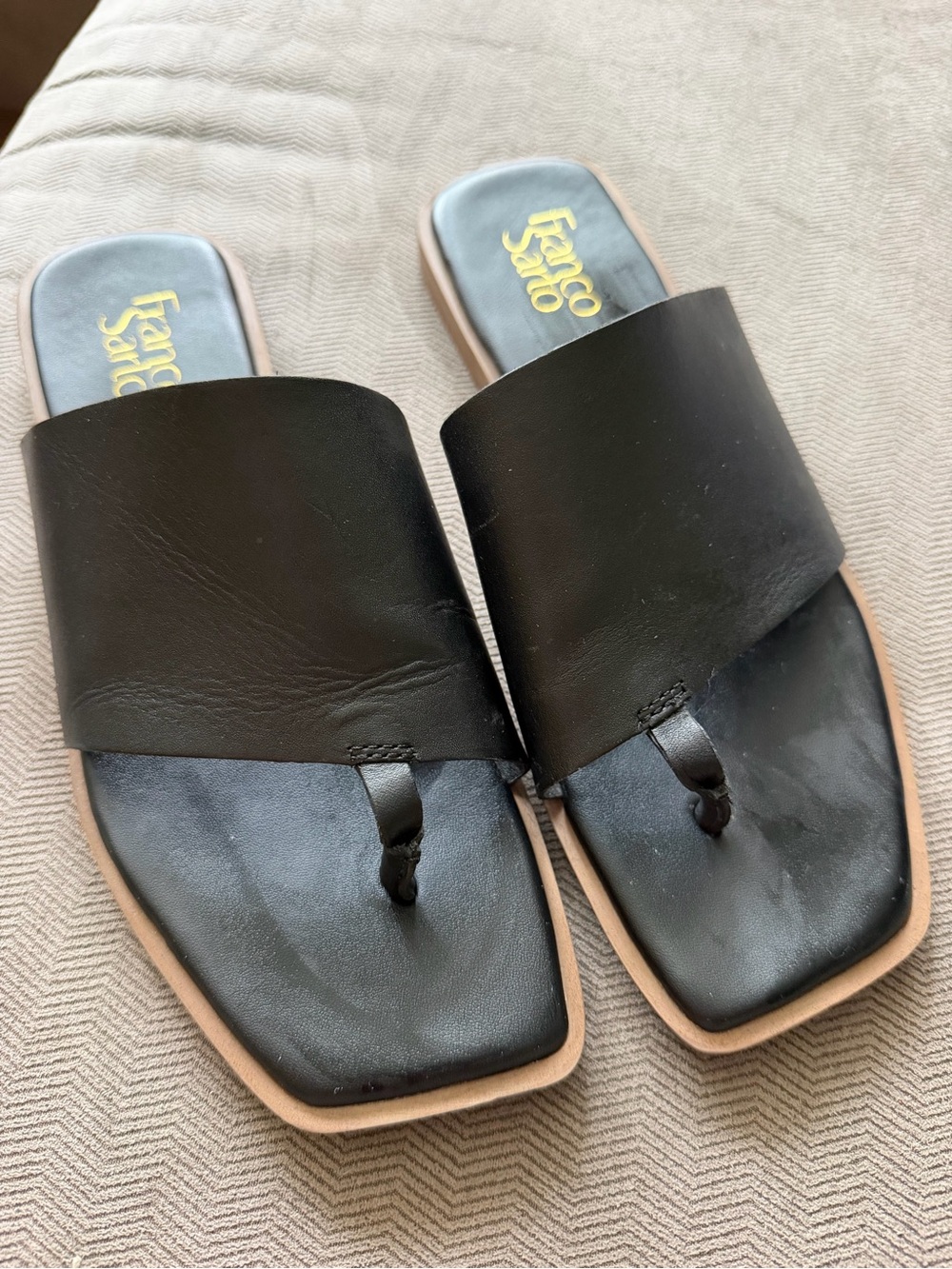 Franco Sarto Black Leather Slide Sandals with Tan Trim